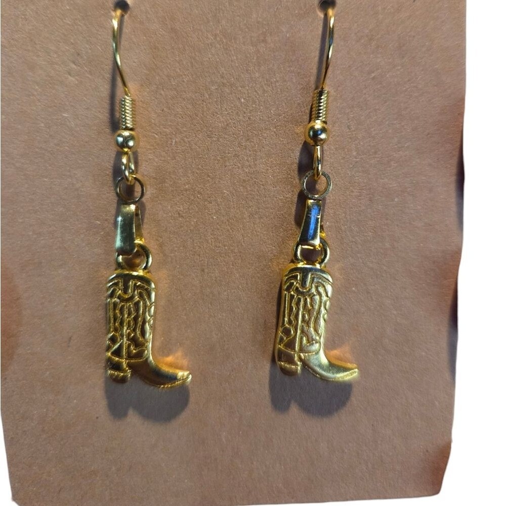 Country Western Cowboy Boot Earrings dangle Hand Made Gold Color